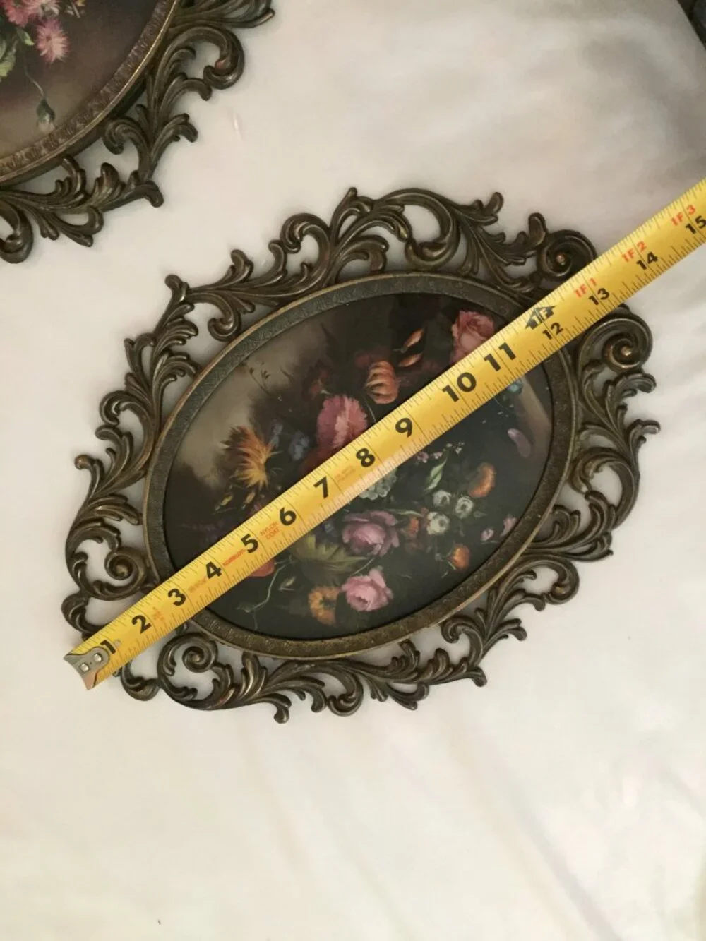 2 Vintage Italian Floral Print Ornate Metal/Brass Frame Convex Bubble Glass